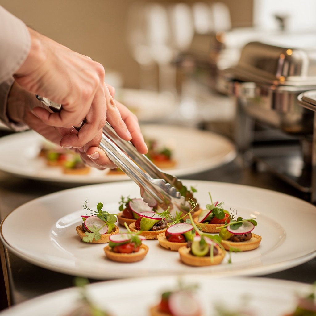 CURIOCITY CATERING team presenting beautifully plated catering dishes at a San Diego event